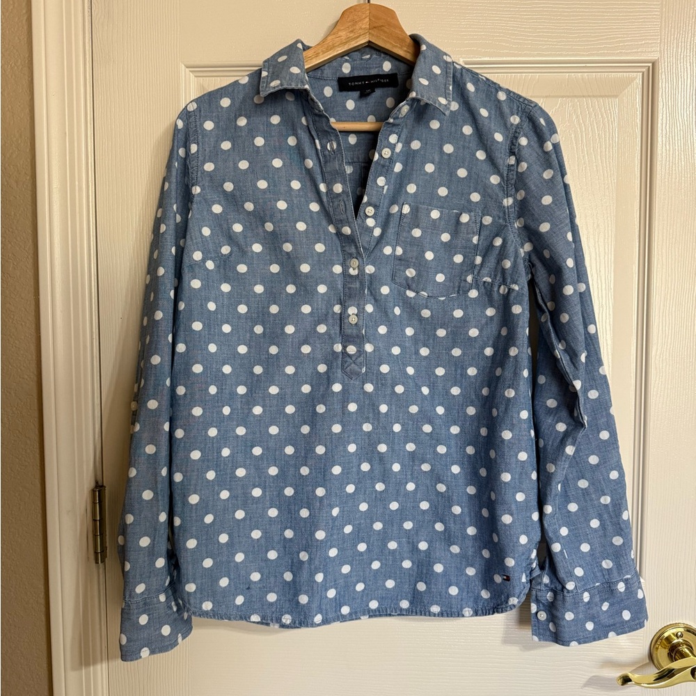 Tommy Hilfiger Polka Dot Chambray Shirt Women’s Size S/P 100% Cotton
